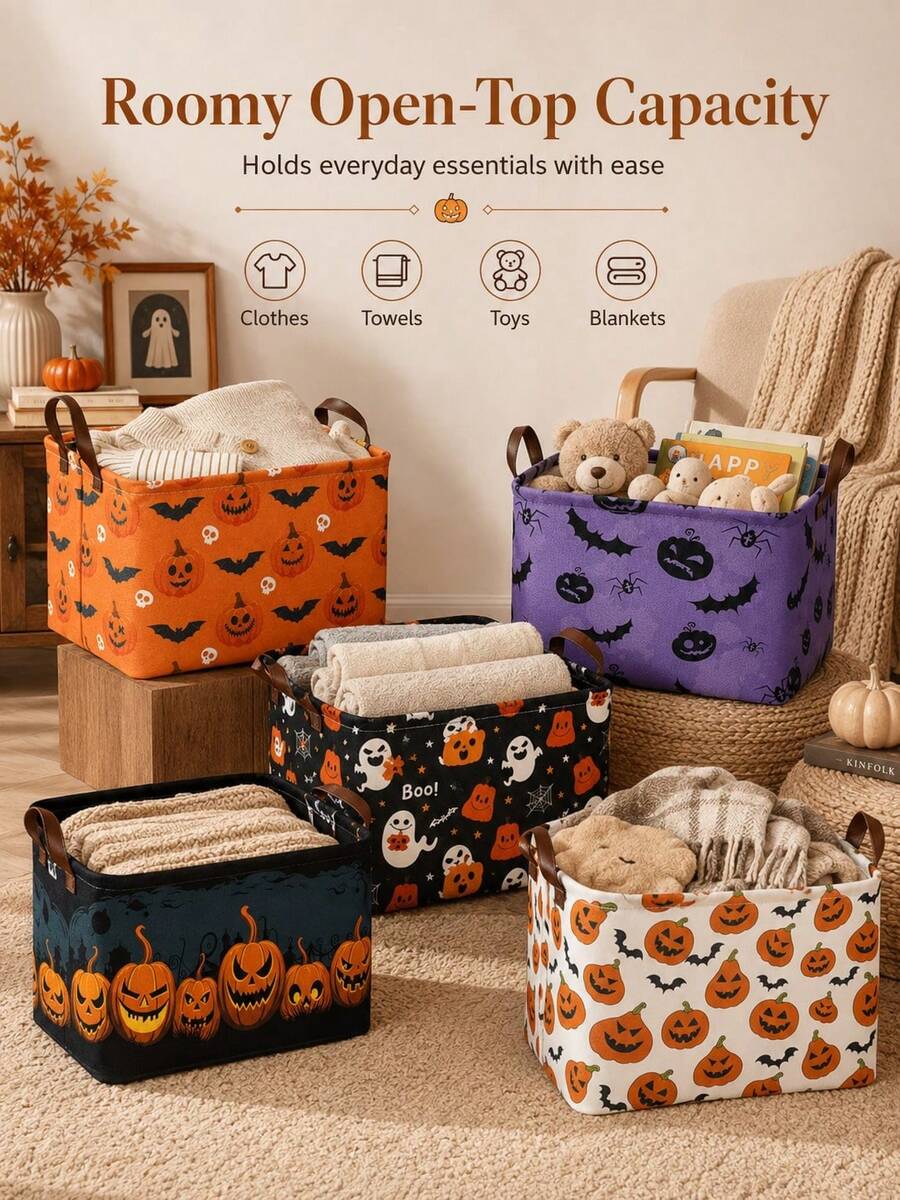 Halloween Style Rectangular Pumpkin & Bat Print Double Handle Storage Organizer Box, Suitable For Toys, Blankets, Books, Home Party Living Room Autumn Decor - Multicolor - View 1