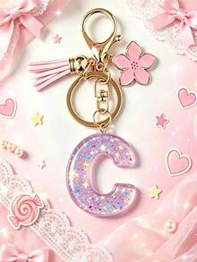 1pc Pink Glitter Letter Car Interior Hanging Ornament Phone Decoration Keychain, Cherry Blossom Tassel Flower Pendant, Suitable For Student Backpack, Holiday Gift For Friends, Valentine's Day, Halloween, Thanksgiving, Applicable To Any Occasion - Style C - View 2
