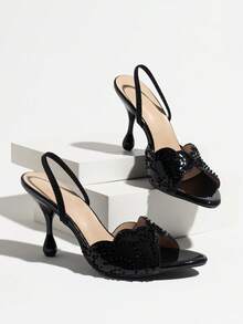 Women's Black Asymmetrical Heel High Heel Sandals, Round Toe Open Toe With Back Strap, Exquisite Sequin And Bead Decoration Luxury, Mirror Texture High-End Comfortable, Fashionable Romantic Elegant, Perfect For Creating Light Luxury, Party, Date, Vacation Or Wedding Looks, Eye-Catching Gold High Heel Women's Shoes - Black - View 5