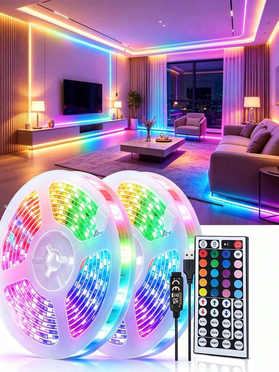 1件 LED燈條附44鍵遙控器，適用於臥室、客廳、居家遊戲裝飾、派對照明，適合房間與居家聚會，含控制器，可調節多種顏色與模式