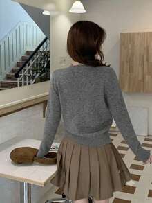 Korean Style Minimalist Solid Color Button Knit Cardigan - Grey - View 4
