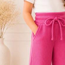 Blogueirinha Children's Wide Leg Pants In Ribbed Cotton Fabric With Pocket, Comfortable And Soft - Rosa Fucsia - Ver 2