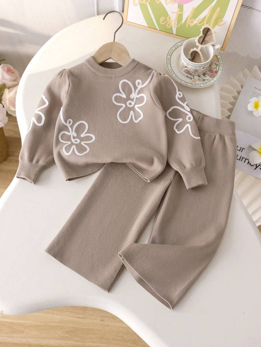 2pcs/Set 1pc Girls Cute Embroidered Flower Knit Pullover Sweater And 1pc Solid Color Knit Pants Set, Suitable For Daily Casual Wear In Spring, Autumn And Winter - Apricot - View 1