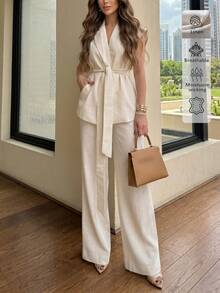 Elegant Linen 2 Pieces Set, Casual Chic Outfit For Commute And Daily Wear, Vacation Attire For Women Summer - Apricot - View 5