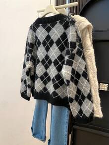 Women's Diamond Pattern Fluffy Knit Cardigan, V-Neck Decorative Button Loose Sweater Jacket, Suitable For Thanksgiving And Christmas Outfits - Black - View 10