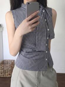 Korean Style Retro Plaid Bow Tie Cinched Waist Pleated Design Sleeveless Tank Top Casual Summer - Blue - View 5