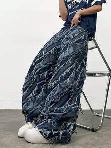 1pc Vintage Patchwork Fringed Men's Blue Denim Jeans, Casual Loose Fit Wide Leg Pants, Versatile All Season - Blue - View 2