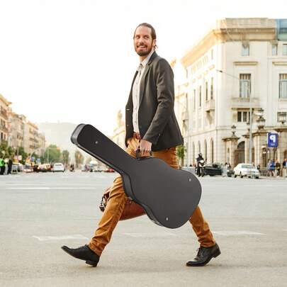 Estuche rígido para guitarra acústica, estuche rígido para guitarra de 43.31 pulgadas en forma de calabaza, con cierre de llave y asa, acolchado de PVC, forro suave, estuche rígido resistente al agua para guitarra, para guitarra acústica de 39-41 pulgadas, negro