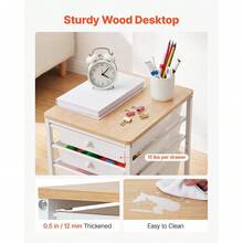 Rolling Cart With Drawers, 5 Drawer Storage Organizer, Mobile Utility Cart With Wood Top, Steel Frame, Universal Casters & 2 Bra - White - View 6