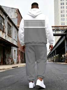 Men's Street Casual Minimalist Series "Line Patchwork Color Block Plaid" Plus Size Hoodie Sweatshirt Set Spring Autumn Winter Sports 2-Piece Set - Ins Style Loose Fit Plus Size Comfortable Relaxed Hoodie + Jogger Pants Street Hip Hop Versatile - White - View 2