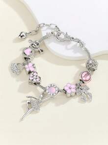 1pc Women's Silver Tone Pink Floral Heart Bow Rhinestone Charm Bracelet - Multicolor - View 3