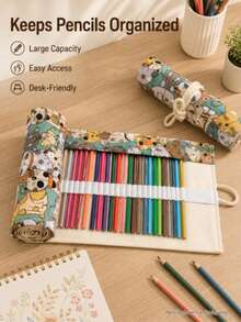 1 buah Kotak Pensil Gulung Kanvas Multi-Slot, Motif Kucing Kartun Lucu, Tas Penyimpanan Pensil Kapasitas Besar, Organizer Portabel untuk Sketsa, Menggambar, dan Mewarnai, Hadiah Mini untuk Kembali ke Sekolah dan Liburan Seni - Beraneka warna - View 1