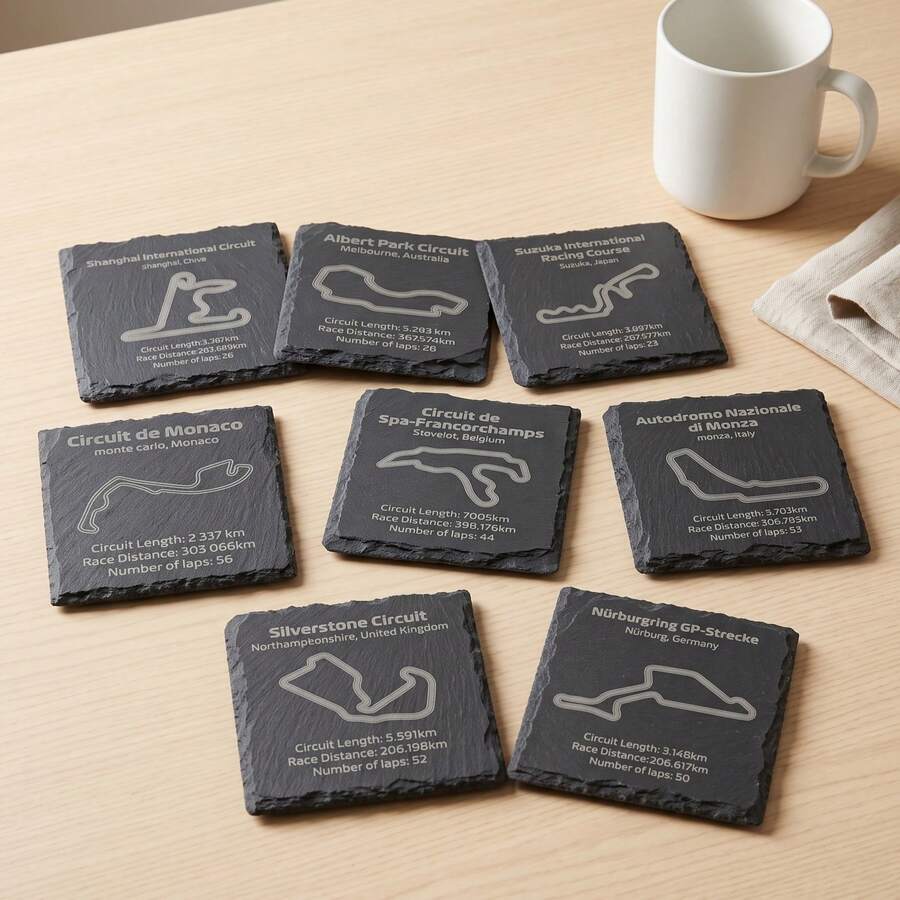 1PC 10cm*10cm Natural Slate Racing Circuit Coaster, 8 Track Designs, Laser Engraved Racetrack Map Stone Drink Coaster, Heat Resistant Non-Slip Square Cup Mat, Motorsport Decor, Racing Fan Gift, Car Enthusiast Gift, Birthday, Christmas Gift
