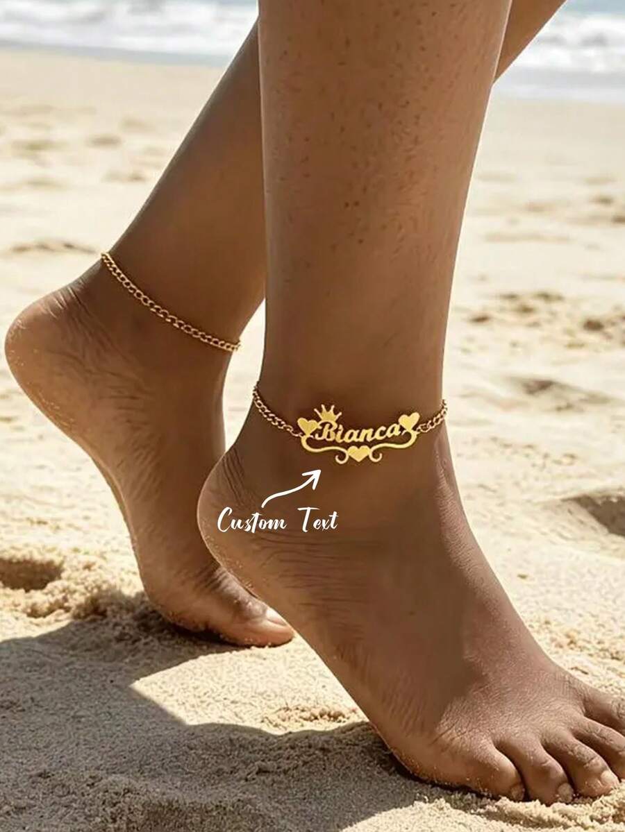 Personalized Crown Heart Name Anklet, Customized Cursive Name Anklet, Summer Ankle Leg Jewelry Anklet, Gift For Her - A - View 1