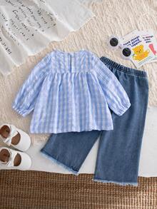 Autumn/Winter Baby Girl Cute & Stylish Blue & White Plaid Daisy Loose Set & Spring/Autumn New Puff Sleeve Top & Embroidered Denim Wide Leg Pants Outwear - Baby Blue - View 3