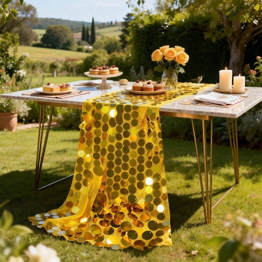 2 pezzi Runner da tavolo romantico in oro con grandi paillettes, centrotavola per feste di compleanno, decorazione per tavoli da ristorante, decorazione per tavoli da casa per riunioni festive, runner da tavolo in oro lucido, perfetto per decorazioni di negozi, celebrazioni di inaugurazione, Natale, Ringraziamento, Capodanno, San Valentino, anniversari, cerimonie romantiche al chiuso/all'aperto, feste in spiaggia, feste di fidanzamento, matrimoni