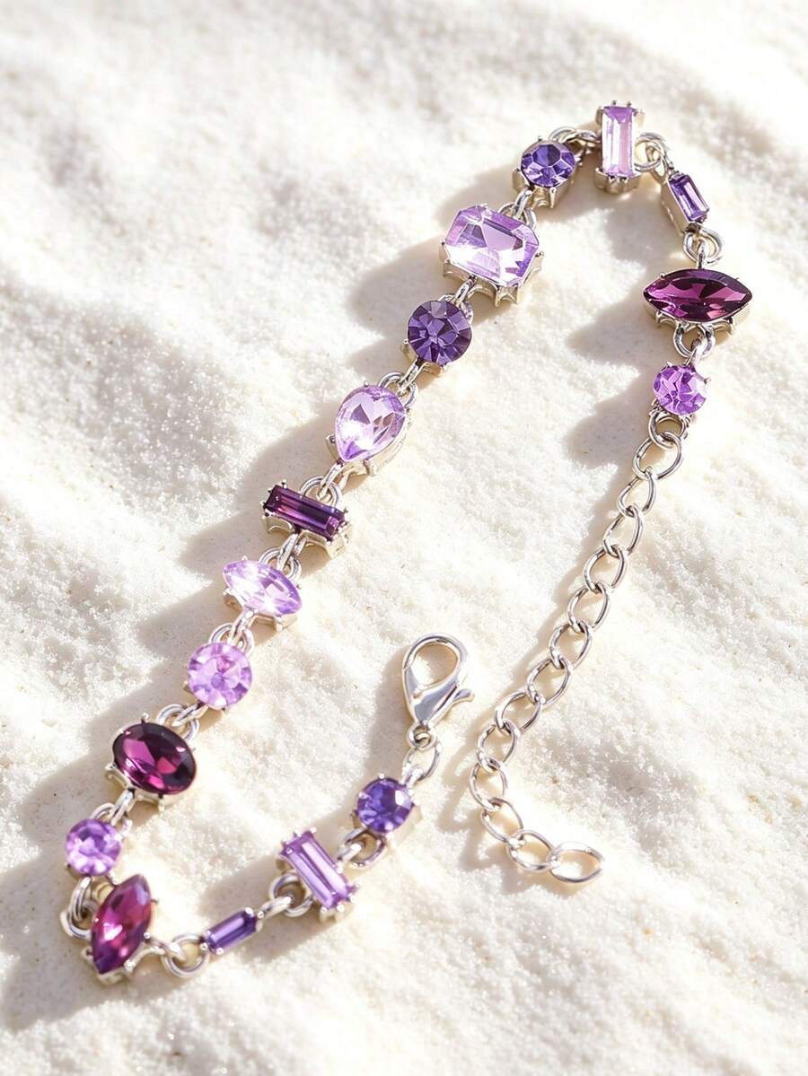 1pc Luxury Elegant Teardrop Shaped Purple Crystal Splice Women's Bracelet, Adjustable Metal Chain Bracelet, Jewelry Accessory, Suitable For Daily, Party, Vacation, Date, Wedding Wear