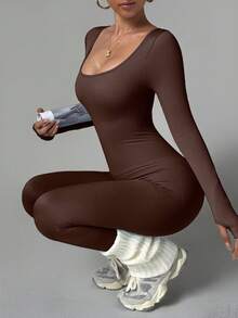 Seamless Shaping Jumpsuit - Ribbed Design & Tummy Control For Yoga, Running, Daily Wear - Coffee Brown - View 2