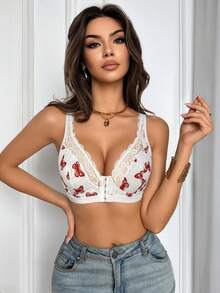 Women's Lace Patchwork Butterfly Print Front Closure Underwire Bra - White - View 4