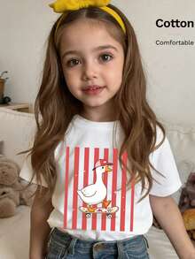 Girls Short Sleeve T-Shirt With Skateboarding Duck Print On Red And White Striped Background - White - View 4