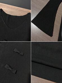 Sweet Pure Style V-Neck Bow Design Long Sleeve Knit Bodycon Dress For Women, Youthful And Age-Reducing - Black - View 8