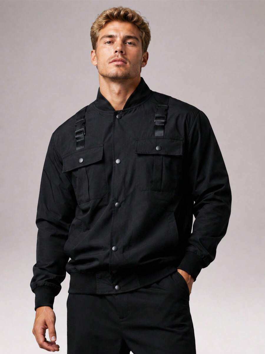 CZRLHYT Men's Tactical Bomber Jacket, Multi Pocket Utility Jacket With Stand Collar, Snap Button Front Long Sleeve Casual Outdoor Work Coat, Black - Black - View 1