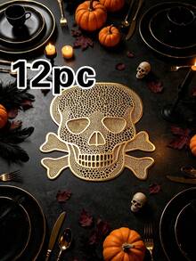 1/4/6/12pcs Halloween Skull PVC Gold Foil Placemats, Hotel Restaurant Decoration Heat-Resistant Non-Slip Table Mats, Western Style Table Mats For Weddings, Parties, Autumn Harvest Festival, Holiday Celebrations, Picnics, Camping, Birthday Banquet Table Decor - Multicolor - View 16
