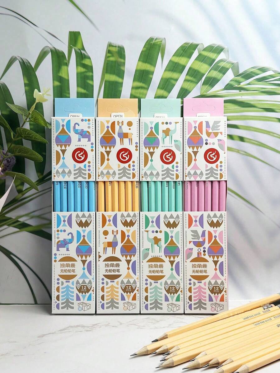 12pcs/Box Random Fresh Style Black HB Pencils With Eraser + 1pc Random Pencil Sharpener, Student Learning & Exam Pencil Set, Back To School Stationery Supplies - Multicolor - View 1