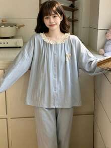 2pcs/Set Women's Pajamas Loungewear Set, Cardigan With Ruffle Lace Trim, Fashionable Long Sleeve & Long Pants, Easy Care Fabric - Blue - View 9