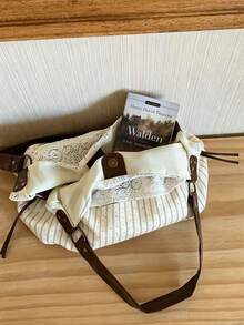 2026 New Summer Mori Style Vintage Lace Floral Plaid Patchwork Fabric Tote Bag For Women, Versatile Shoulder Handbag For Commuting - White - View 6
