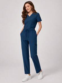 Women's V-Neck Multi-Pocket Scrubs Nurse Scrub, Workwear For Dentist, Healthcare, Pet Hospital, Laboratory Fall - Navy Blue - View 2