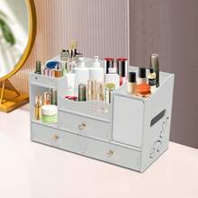 White PVC Cosmetic Organiser, Tabletop Makeup Storage Drawer Case With Mirror, Vanity Unit For Cosmetics, Jewellery For Bedrooms And Student Dormitories - White - View 3