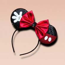 2pcs Disney Shiny Mickey Mouse Ear Headband With Storage Lanyard And White Sequin Bow - R - View 4