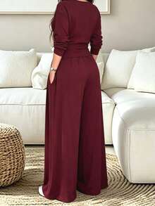Fall Women's Solid-Color Casual Set: Round-Neck Long-Sleeve Top With Elastic Waistband And Pockets, Wide-Leg Pants (Two Pieces Set) - Burgundy - View 5