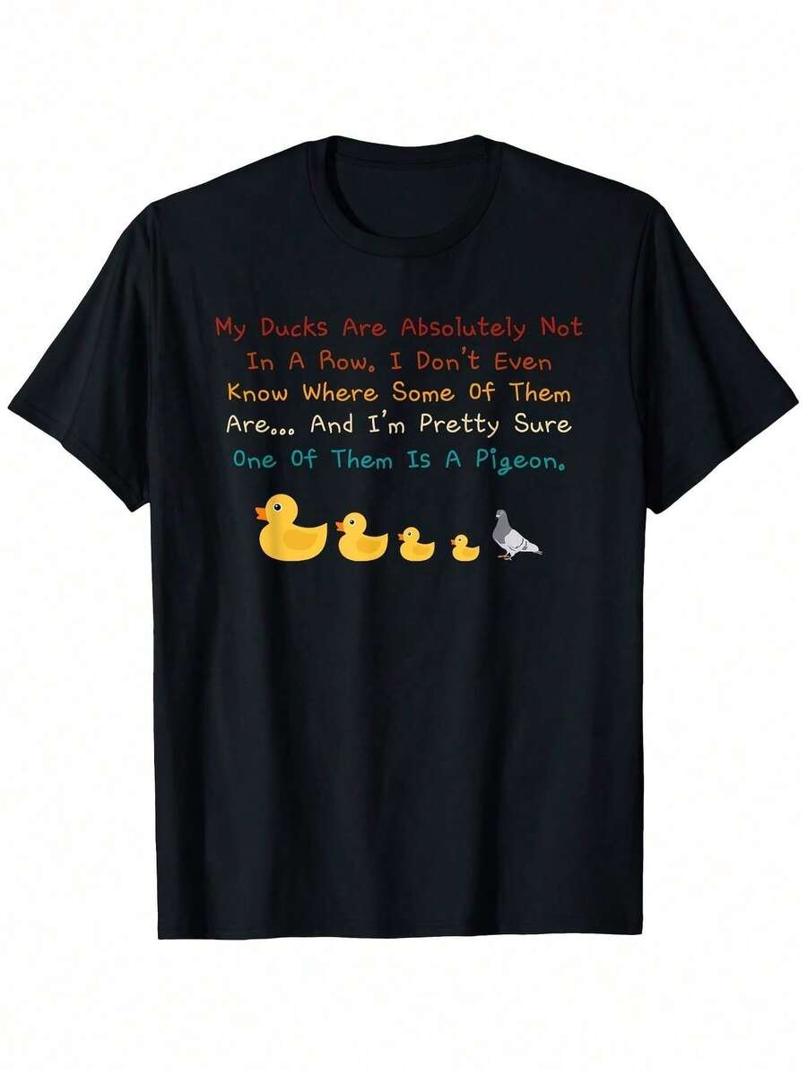 Unisex Fun Duck Pun T-Shirt - Retro Humor "My Duck Is Definitely Not Rowing" Slogan Paired With Duck, Rubber Duck, And Pigeon Patterns - Cotton Loose - Black - View 1