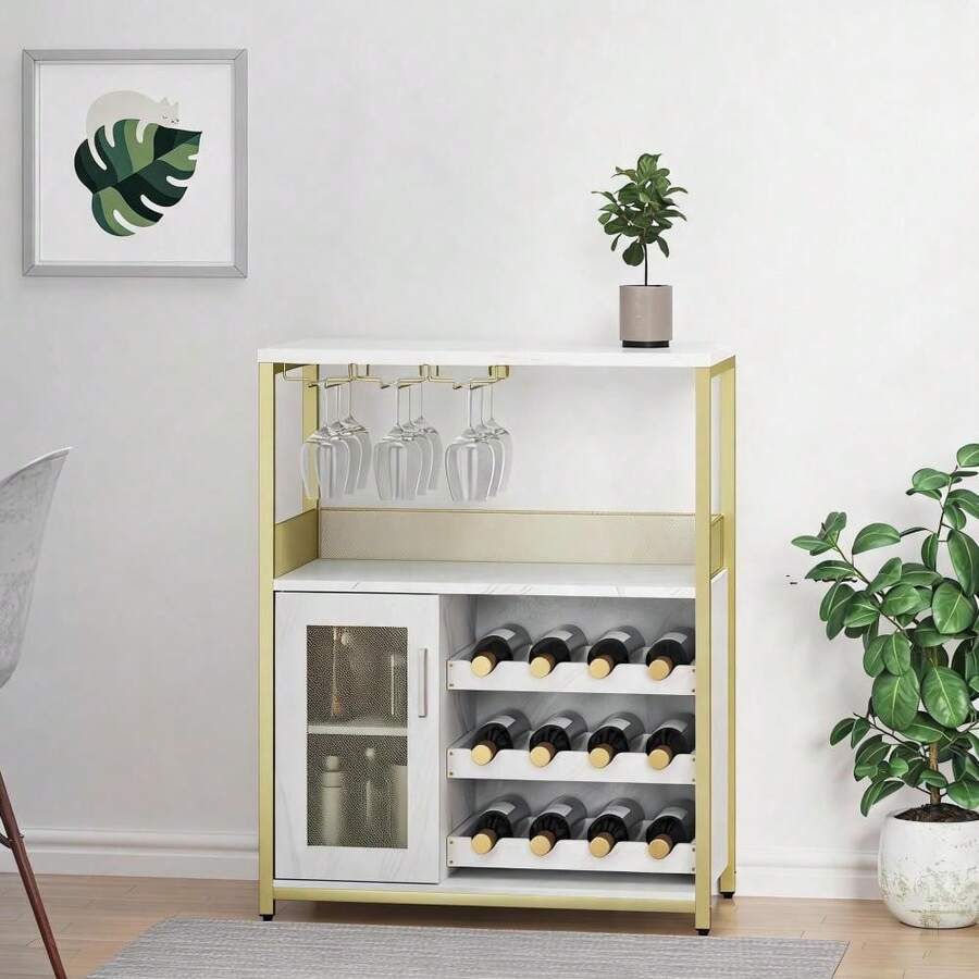 Kselythan Mueble bar con botellero desmontable, barra de café con soporte para vasos, aparador pequeño y vitrina con puerta de malla para licores y vasos. - Dorado - Ver 1