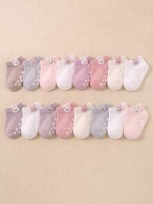 12/24 Pairs Pink Rabbit Jacquard Ear Design Non-Slip Grip Ankle Socks, Toddler Baby First Walker Socks, Soft Breathable Elastic, 0-36M School Baby Socks - Multicolor - View 2