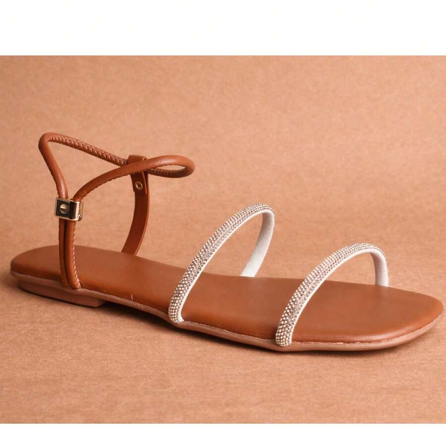 Sandália Feminina Casual Rasteira Tiras Finas Bico Quadrado Elegante Leve Confortável Moda Feminina - Marrom - Visão 1