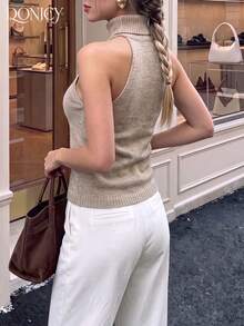 DONICY Women's Oat Turtleneck Halter Sleeveless Knit Sweater Vest, Elegant Outfit For Spring Autumn Inner Wear - Camel - View 2