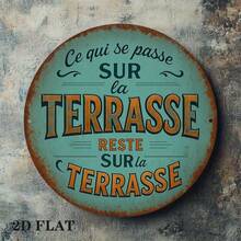 2D Flat, 1pc French "Terrasse" Teal And Rustic Green French Terrace Sign 8-Inch Round Vintage French Metal Plaque, Suitable For Outdoor French Cafe, Terrace, Balcony And Wall Decor (Random Hole Position) - A - View 4