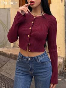 Cardigan Wanita Musim Gugur/Musim Dingin Elegan Rajut French Ribbed Lengan Raglan Flare Kancing Depan Pendek Cocok untuk Kantor, Perjalanan Sehari-hari, Makan Siang, dan Santai di Jalanan - Burgundy - View 3