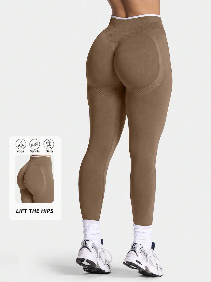 Legging Fitness Wanita Tanpa Jahitan Pinggang Tinggi Pengangkat Bokong, Celana Yoga Kompresi Pengontrol Perut 24 Inci, Cocok untuk Gym, Lari, dan Olahraga Latihan - Khaki - View 1