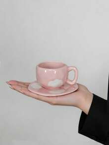 Mini Cloud Embossed Ceramic Cup & Saucer Set, Cute Wavy Asymmetrical Shape, Macaron Pastel Color Mini Espresso Cup, Creative Handmade Ceramic Tea Cup, Japanese Style Cute Tableware, Home Decor Gift - Multicolor - View 3