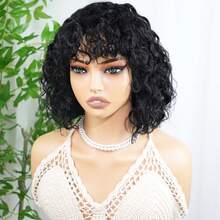 Short Curly Bob Wig, Brazilian Remy Human Hair, Curly Bangs, 150% Density, Full Machine Woven Human Hair Wig With Bangs, Glueless, No Lace, Daily Wear, Black, 10 Inch - Natural Black - View 6