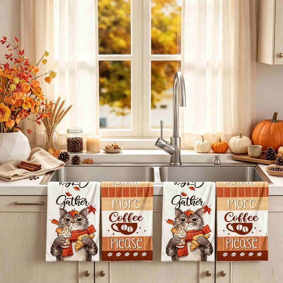 2/4/48pcs Autumn Series Cat Coffee Pattern Printed Kitchen Towels - Ultra Soft, Highly Absorbent Polyester Dish & Hand Towels, Perfect For Holiday Decor, Kitchen Decor, Party Decor.