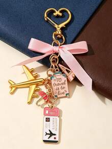 Travel Keychain,Bag Charm,Airplane Charm, Suitcase Ornament,Heart Clasp Keyring, Ribbon Decor, Alloy Pendant, Handbag Accessory,Fashion Ornament Gift - Multicolor - View 5