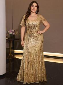 XUIBOL High-Quality Elastic Elegant Sequin Patchwork Super Slim Fit Plus Size V-Neck Evening Dress, Suitable For Date Night, Wedding Party, Cocktail Party - Champagne - View 4