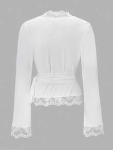 Autumn White Lace V-Neck Wrap Tie Waist Ruffle Cropped Slim Fit Top, Suitable For Cafe Check-In, Relaxed Daily Date, City Shopping Outing, Halloween Elegant Soft Outfit, Short Trip Travel Outfit - White - View 7