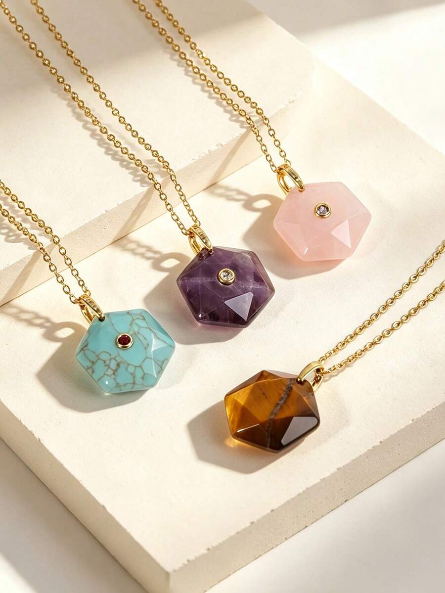 1pc Natural Stone Hexagram Pendant Stainless Steel Chain Necklace Healing Amethyst Rose Quartz Tiger Eye Hexagonal David Necklaces Jeweley H931 - Necklace - View 1