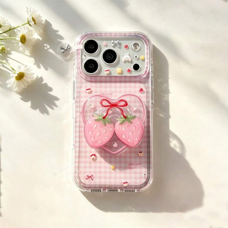 格子櫻桃貓 + 櫻桃支架手機殼,適用於 iPhone 17、16 Pro Max、15、14、13,全包覆,女性新風格 - 彩色 - 查看 1